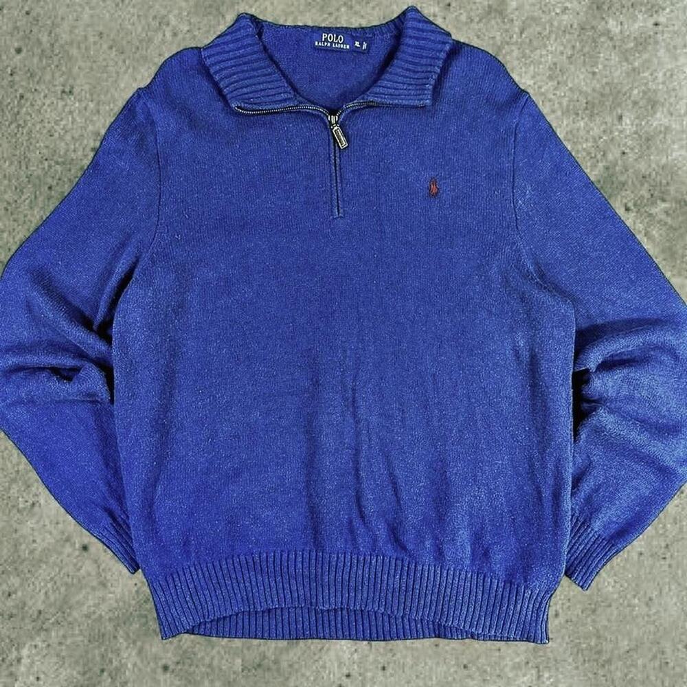 Polo Ralph Lauren Mens XL Royal Blue 100% Cotton Quarter Zip Sweater Red Pony